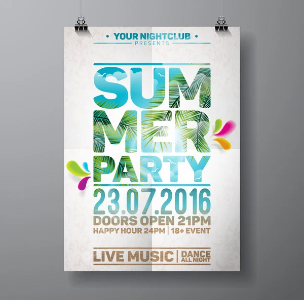 Vector Summer Beach Party Flyer Design met palmbladeren en typografische elementen op oceaan landschap-achtergrond. — Stockvector