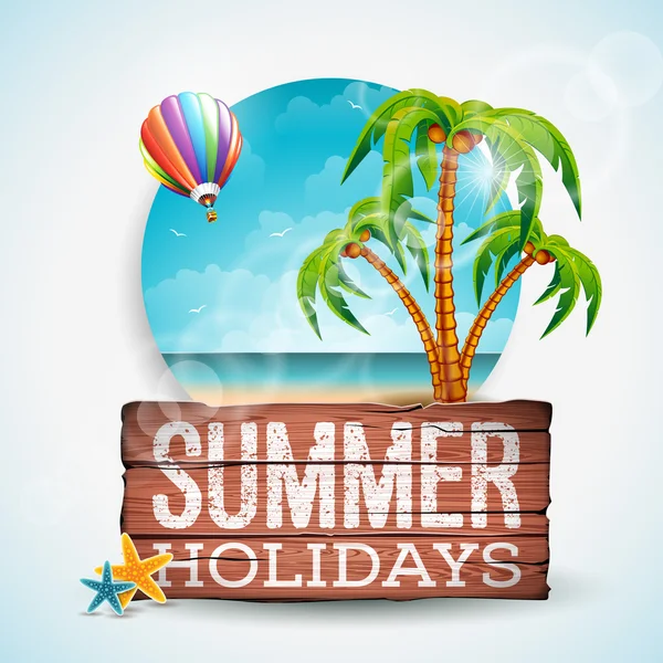 Illustration typographique Vector Summer Holiday sur fond bois vintage. Plantes tropicales, palmiers, paysages océaniques et montgolfière . — Image vectorielle