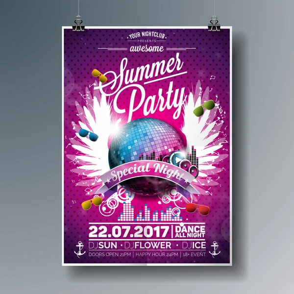 Vektor Sommer Beachparty Flyer Design mit Discokugel und Musik-Elementen auf violettem Hintergrund. Lautsprecher und Flügel. — Stockvektor