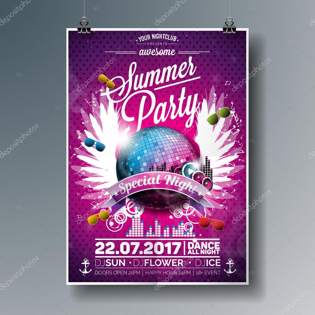 紫色の背景にディスコ ボールと音楽の要素を持つベクトル夏ビーチ パーティー フライヤー デザイン スピーカーと翼 ストックベクター C Articular