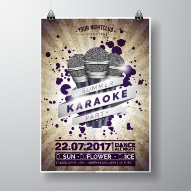 Mikrofon ile bir yaz Karaoke partisi tema üzerine el ilanı illüstrasyon vektör ve vintage kahverengi zemin üzerinde şerit.