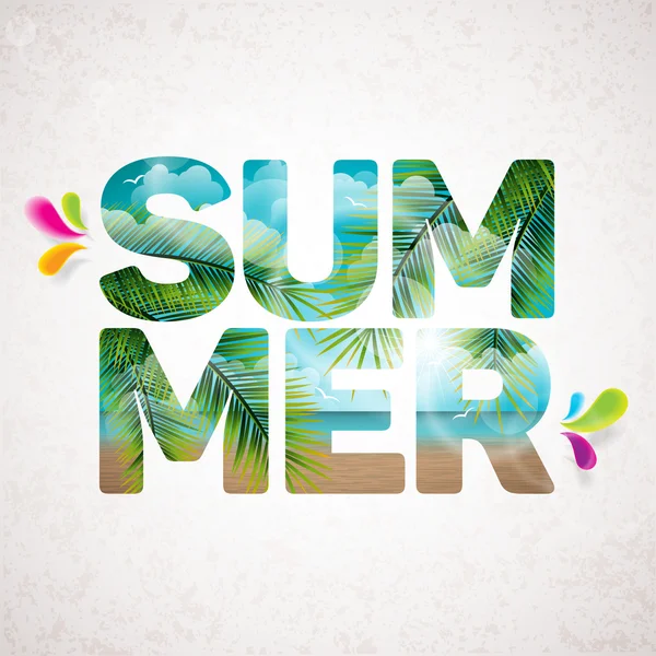 Vektorové letní dovolená typografické ilustrace s tropickými rostlinami, květina, pláž a moře krajina na vinobraní pozadí. — Stockový vektor