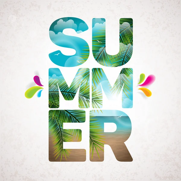 Vector Summer Holiday typographic illustration with tropical plants, flower, beach and ocean landscape on vintage  background.