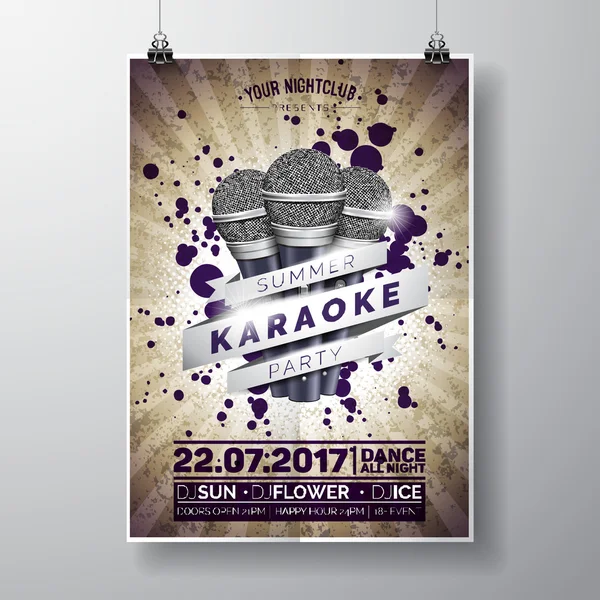 Vector Flyer illustration on a Summer Karaoke Party theme with microphones and ribbon on vintage brown background. — Stock Vector