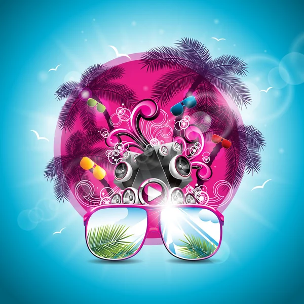 Vector Summer Holiday illustration on a Music and Party theme with speakers and sunglasses on blue background. — Stock Vector