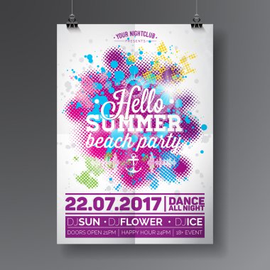 Vector Summer Beach Party Flyer Design soyut arka plan üzerinde tipografik unsurlara sahip. Sunucu ve müzik unsurları. Eps10 illüstrasyon.