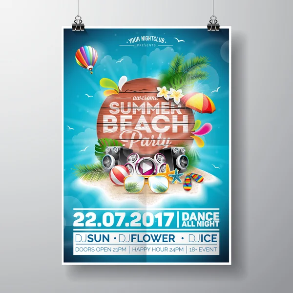 Vector Summer Beach Party Flyer Design con elementi tipografici su sfondo texture in legno. Estate natura elementi floreali e occhiali da sole . — Vettoriale Stock