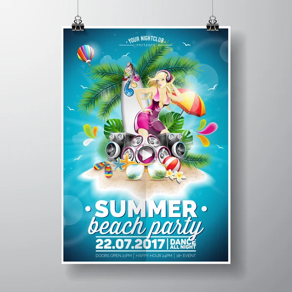 Vector Summer Beach Party Flyer Design con elementi tipografici su sfondo cielo blu. Estate natura floreale e sexy ragazza ion paradiso isola — Vettoriale Stock