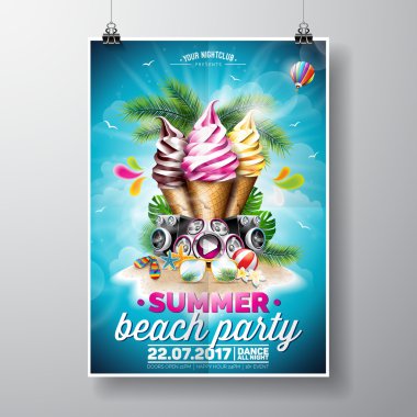 Vektör yaz plaj partisi el ilanı tasarımı ile dondurma ve müzik öğeleri okyanus manzara arka plan üzerinde. Tipografik Tasarım.