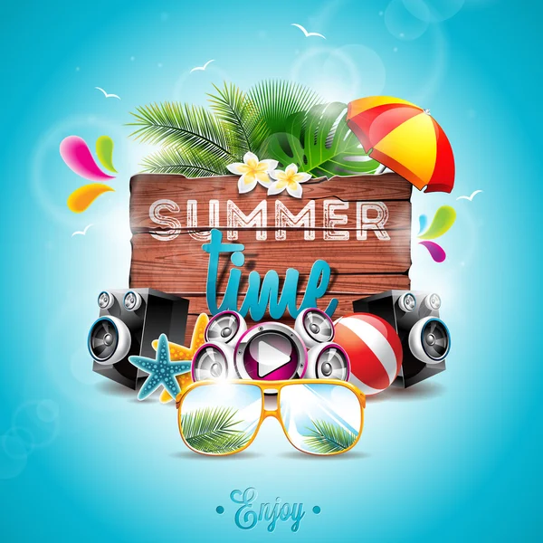 Vector Summer Time Illustration typographique de vacances sur fond bois vintage. Plantes tropicales, fleurs, éléments musicaux, boule de plage et parasol . — Image vectorielle