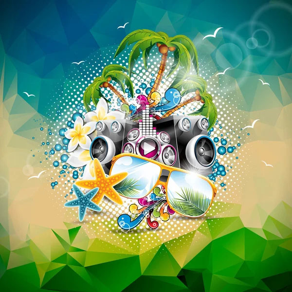 Vector Summer Holiday illustration on a Music and Party theme with speakers and sunglasses on abstract triangle background. — Stock Vector