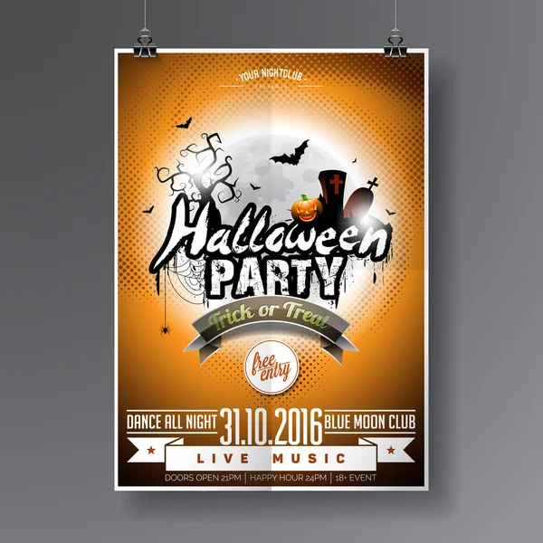 Vector Halloween Party Flyer Diseño con elementos tipográficos sobre fondo naranja. Tumbas, murciélagos y luna . — Vector de stock