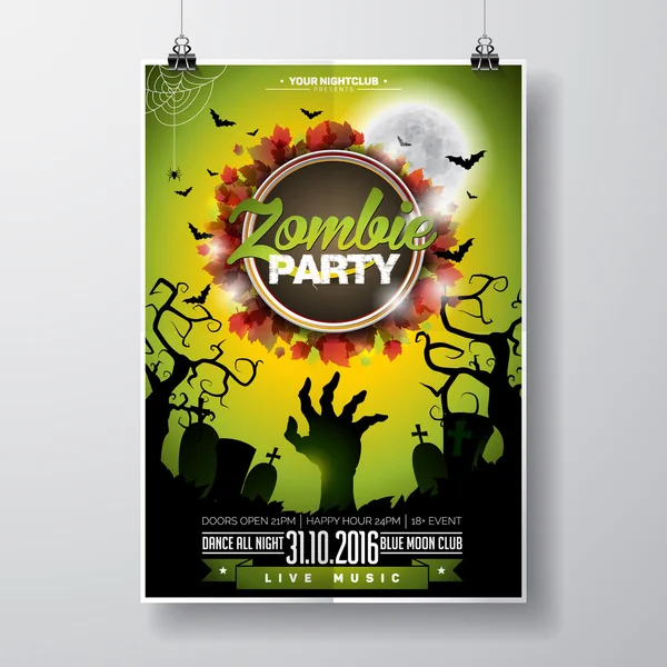 Vektor Halloween Zombie Party Flyer Design s typografickými prvky na zeleném pozadí. Hroby a měsíc. — Stockový vektor