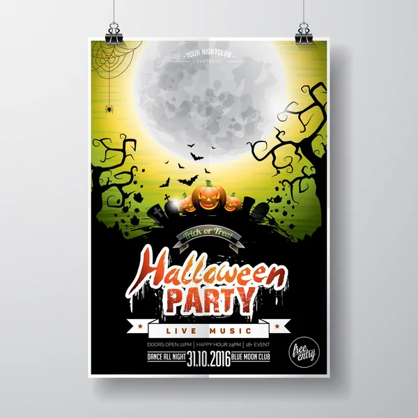 Vector Halloween Party Flyer Design med typografiska element och pumpa på grön bakgrund. Gravar, fladdermöss och månen. — Stock vektor
