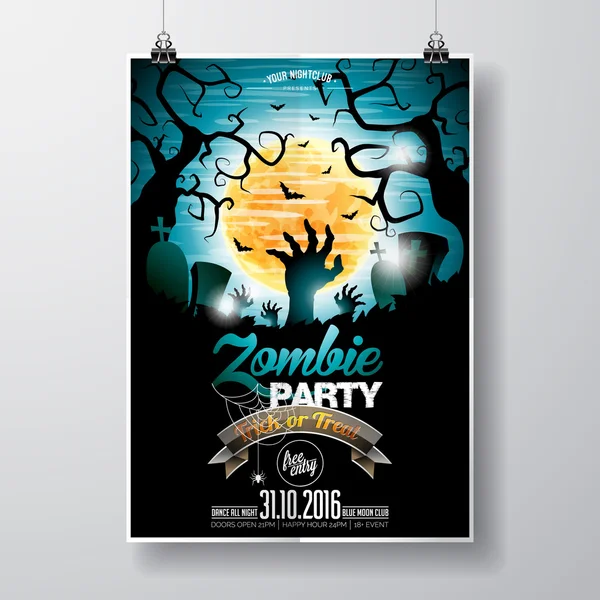 Vector Halloween Zombie Party Flyer Design com elementos tipográficos sobre fundo azul. Túmulos e lua . — Vetor de Stock