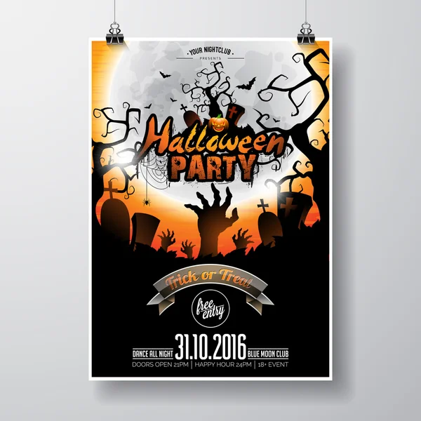 Vector Halloween Party Flyer Design med typografiska element och pumpa på orange bakgrund. Gravar, fladdermöss och månen. — Stock vektor