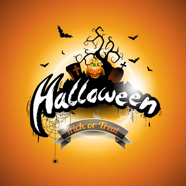 Vector Halloween ilustração com abóbora no fundo laranja. Túmulos, morcegos e lua . — Vetor de Stock