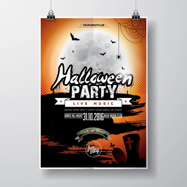 Vector Halloween Party Flyer Design avec des éléments typographiques sur fond orange. Tombes, chauves-souris et lune . — Image vectorielle