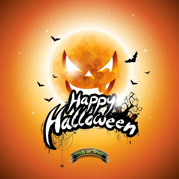 Vetor Feliz Halloween ilustração com elementos tipográficos e lua de abóbora no fundo laranja . — Vetor de Stock