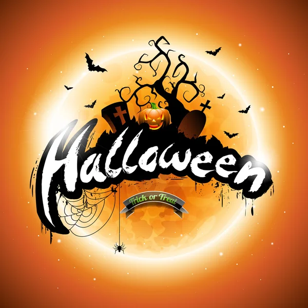 Vector Feliz Halloween ilustração com abóbora e lua no fundo laranja . — Vetor de Stock