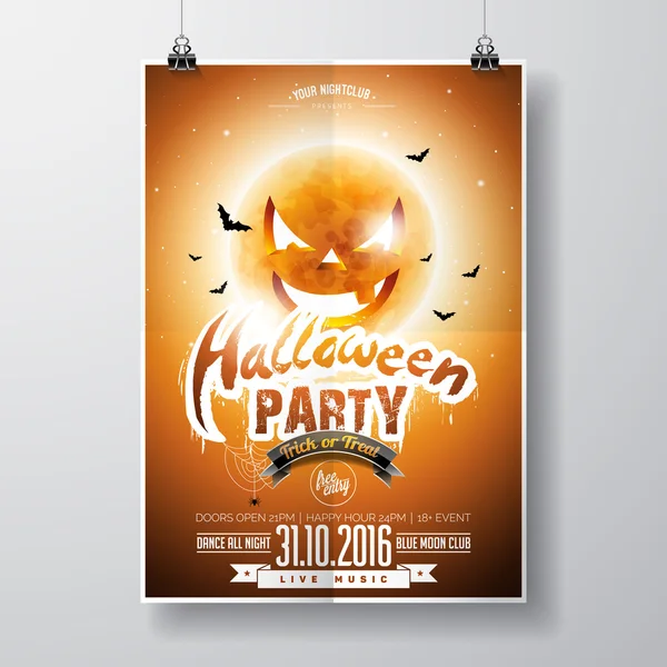 Vector Halloween Party Flyer Design com elementos tipográficos e lua de abóbora sobre fundo laranja — Vetor de Stock