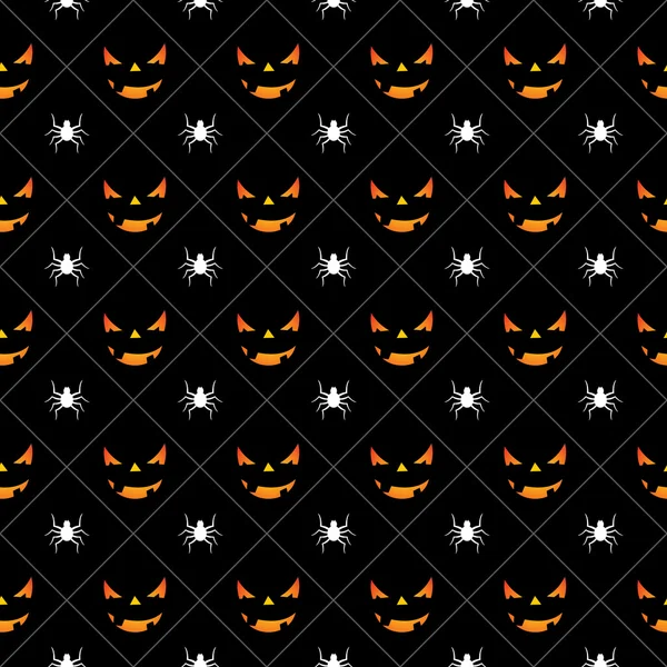 Ilustración de patrón sin costuras de Halloween con caras aterradoras de calabazas y arañas sobre fondo negro . — Vector de stock