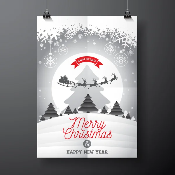 Vector Merry Christmas Holiday and Happy New Year illustration with typographic design and snowflakes on winter landscape background. — Stock Vector