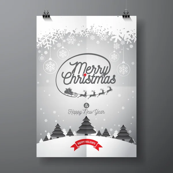 Vector Feliz Navidad y Feliz Año Nuevo ilustración con diseño tipográfico y copos de nieve en el fondo del paisaje de invierno . — Vector de stock