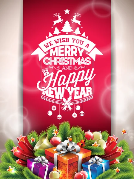 Merry Christmas Happy Holidays vectorillustratie met typografische ontwerp en cadeau doos op rode achtergrond. — Stockvector