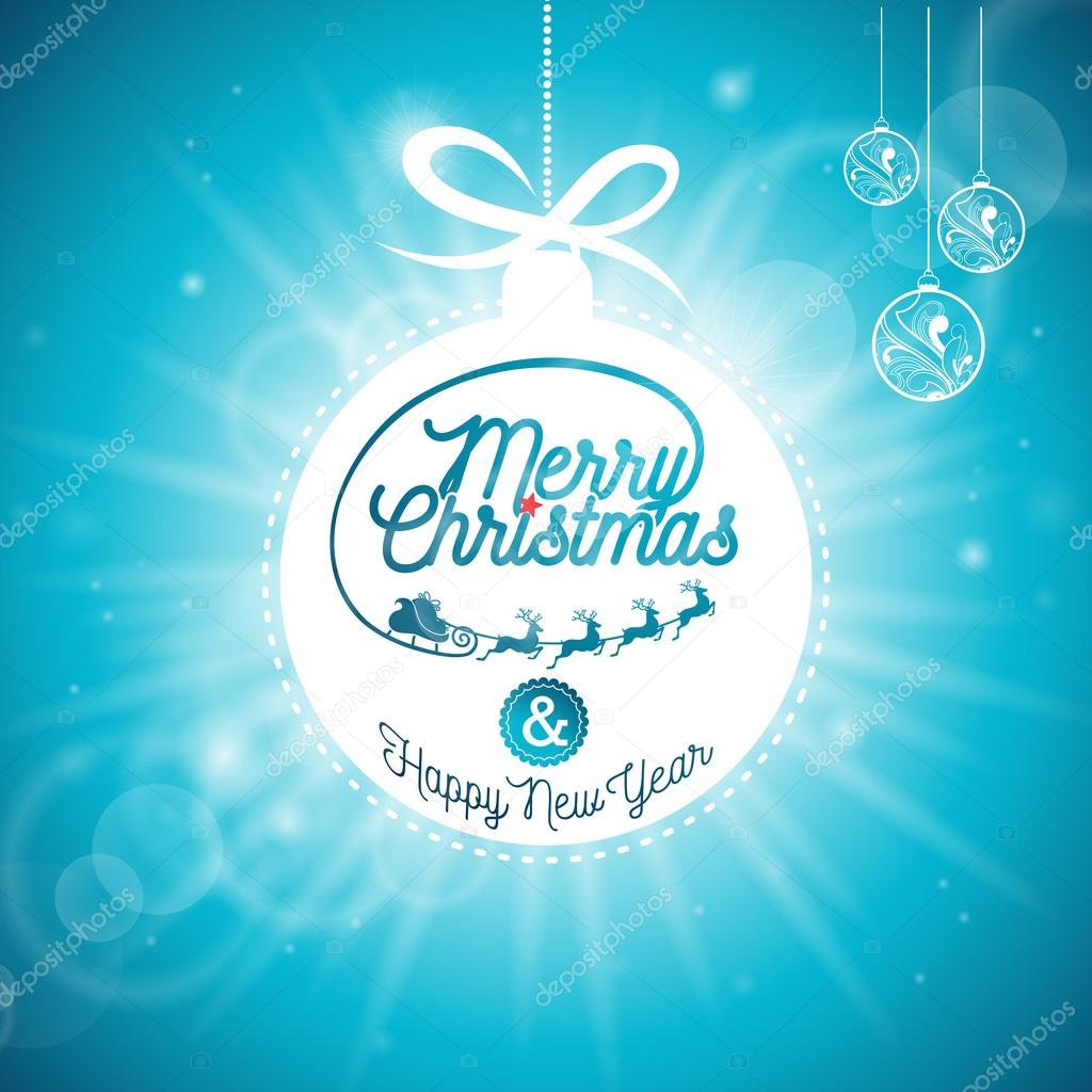 Vector Merry Christmas Holidays and Happy New Year illustration with typographic design and shiny glass ball on blue background.