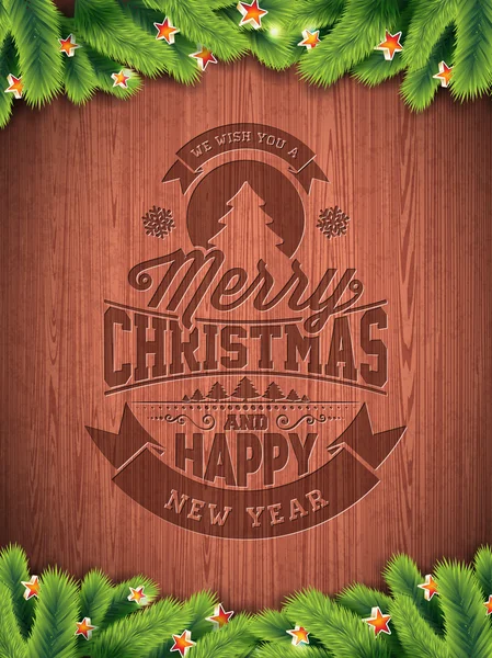 Vektor god jul och gott nytt år illustration med typografiska design och snöflingor på wintage trä bakgrund. — Stock vektor