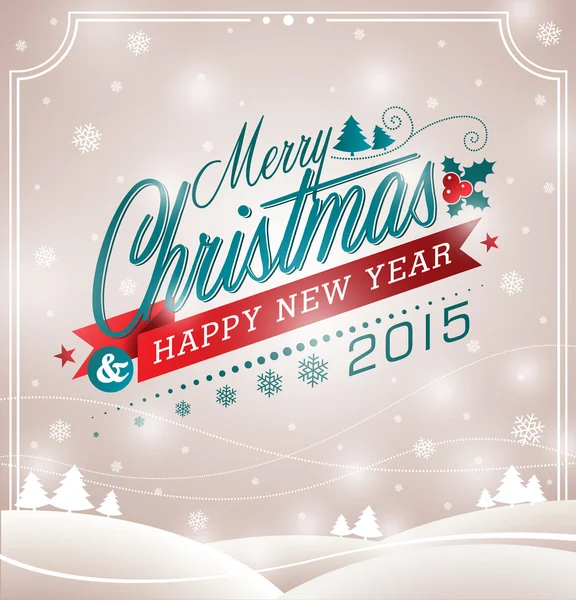 Illustrazione vettoriale natalizia con disegno tipografico e nastro su sfondo paesaggio . — Vettoriale Stock