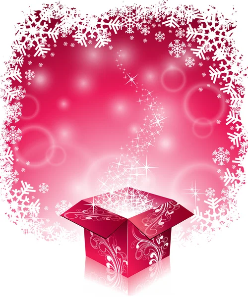 Vektor Weihnachten Illustration mit typografischem Design und glänzende magische Geschenk-Box auf Schneeflocken Hintergrund. — Stockvektor