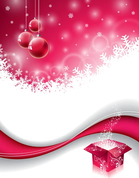 Vektorové vánoční design s kouzelná Dárková krabice a červené skleněnou kouli na pozadí sněhové vločky. — Stockový vektor