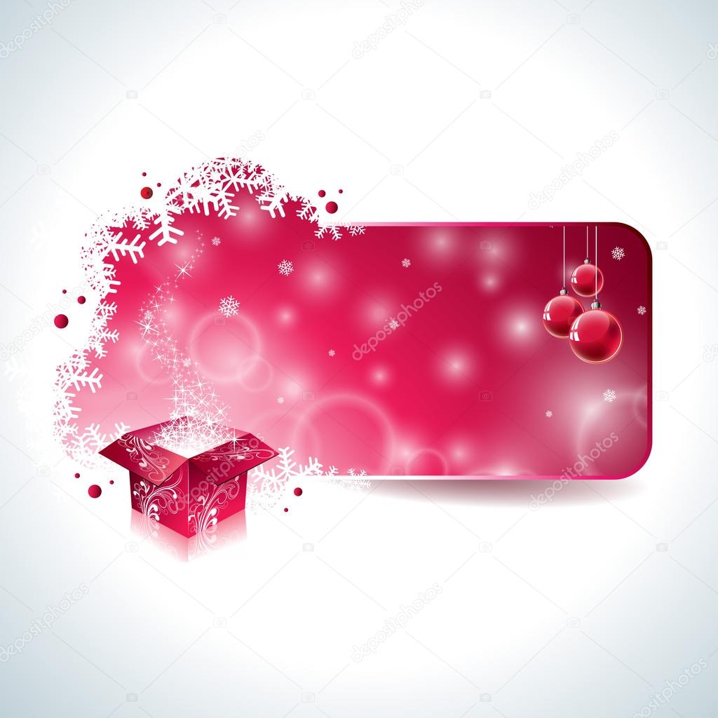 Vector Christmas design with magic gift box and red glass ball on clear background.