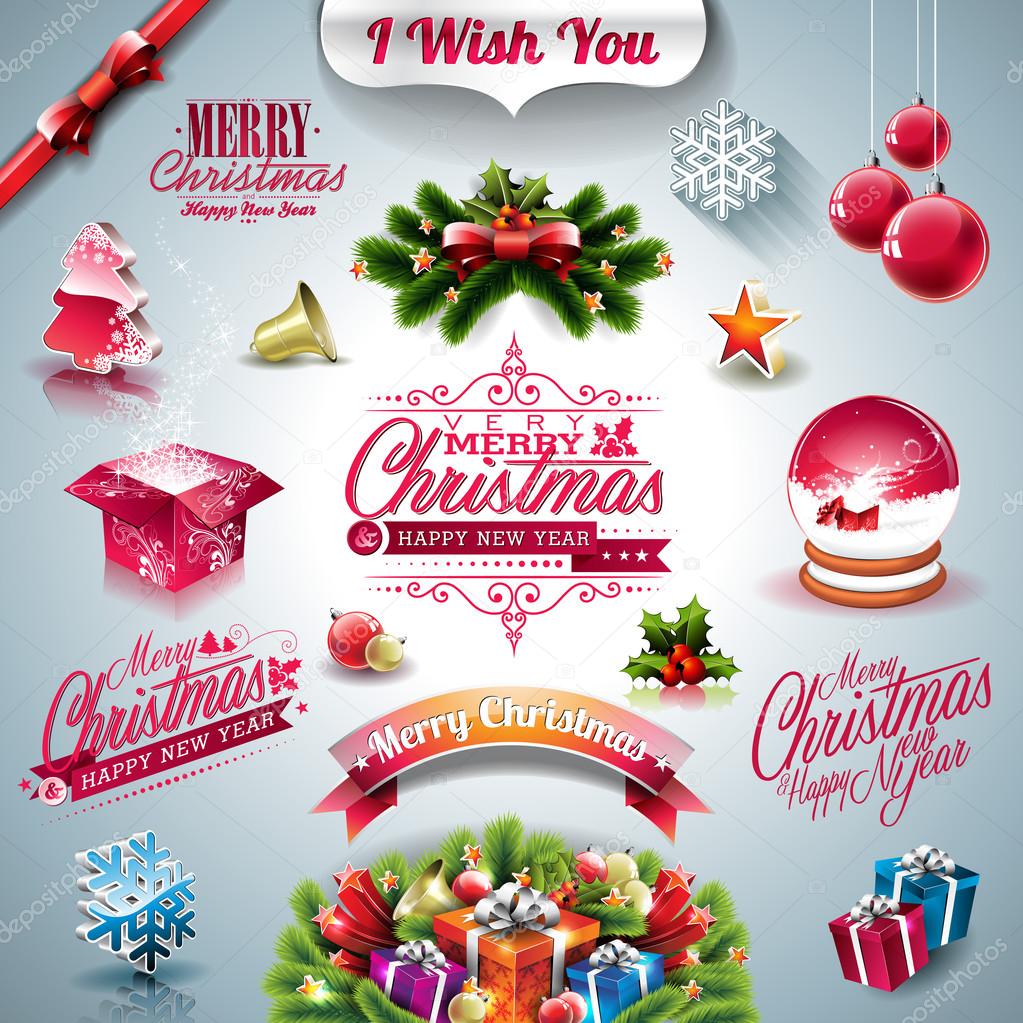 Vector Holiday collection for a Christmas theme with 3d elements on clear background.