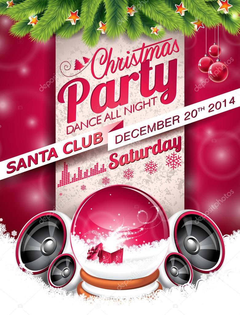 Vector Christmas Party design with holiday typographiy elements on snowflakes background.