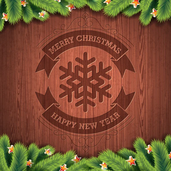 Inciso Buon Natale e Felice Anno Nuovo disegno tipografico con abete su sfondo texture di legno . — Vettoriale Stock