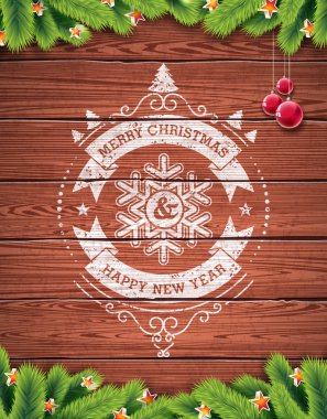 Vintage neşeli Noel ve mutlu yeni yıl baskı tasarım ahşap doku arka plan üzerinde redglass topu ile boyalı.