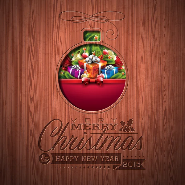 Гравировка С Рождеством и Новым годом типографический дизайн с праздничными элементами на фоне текстуры дерева . — стоковый вектор