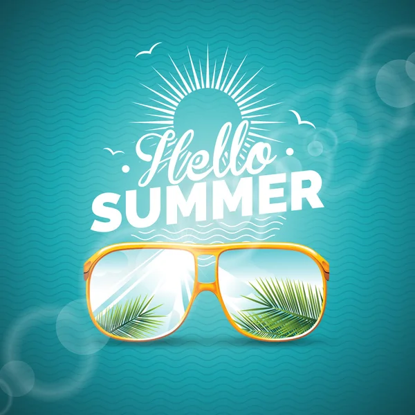 Ilustración vectorial sobre un tema de vacaciones de verano con gafas de sol sobre fondo azul . — Archivo Imágenes Vectoriales