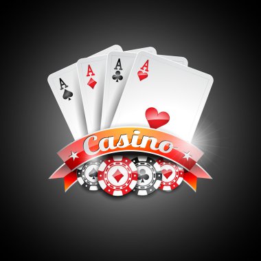 Casino Tema poker semboller ve koyu arka plan üzerinde poker kartları ile vektör çizim.