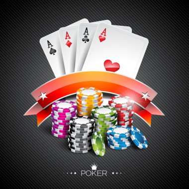 Casino Tema yongaları ve poker kartları koyu arka plan üzerinde oynarken renk ile vektör çizim.