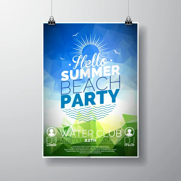 Modelo de cartaz de panfleto de festa vetorial no tema de praia de verão com fundo brilhante abstrato . — Vetor de Stock