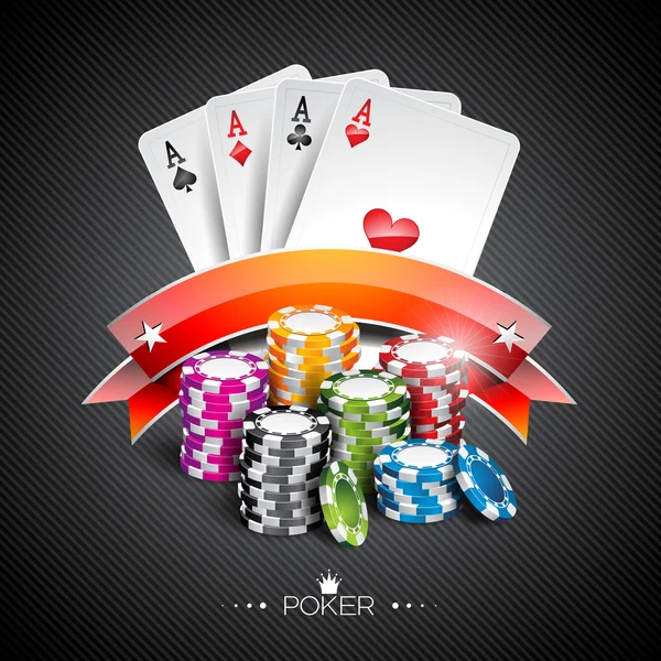 Ilustración vectorial en un tema de casino con fichas de juego de color y cartas de póquer sobre fondo oscuro . — Archivo Imágenes Vectoriales