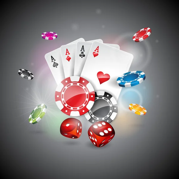 Illustration vectorielle sur un thème de casino avec des jetons de jeu de couleur et des cartes de poker sur fond brillant . — Image vectorielle