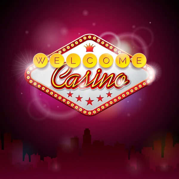 Vektor-Illustration zu einem Casino-Thema mit Beleuchtungsanzeige und Willkommenstext auf violettem Hintergrund. — Stockvektor