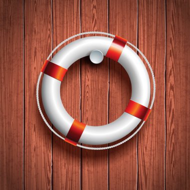 Vektör yaz tatil çizim ile ahşap arka plan üzerinde lifebouy.