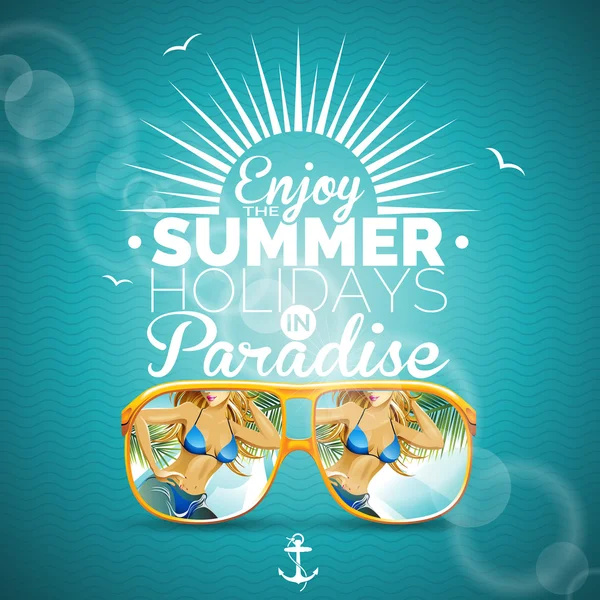 Ilustración vectorial de verano con chica sexy y gafas de sol sobre fondo azul . — Archivo Imágenes Vectoriales