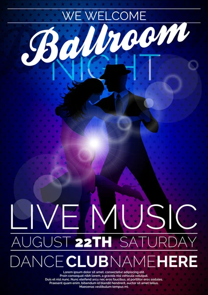 Vector Ballroom Night Party Flyer ontwerp met paar tango dansen op donkere achtergrond — Stockvector